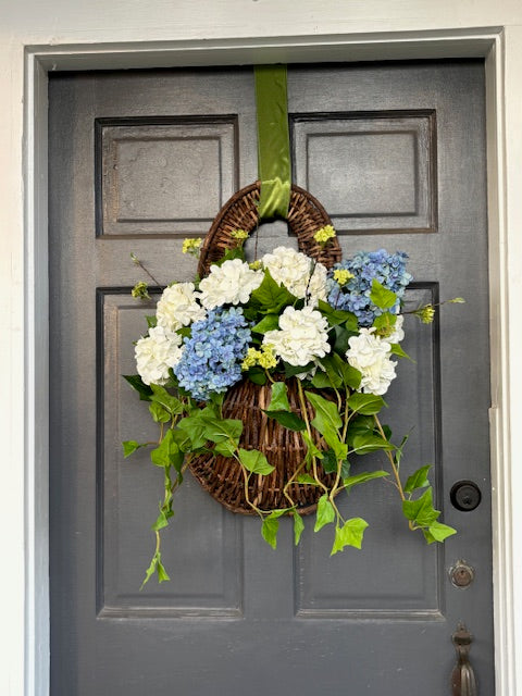 Grapevine Hanging Door Basket Blue Hydrangea
