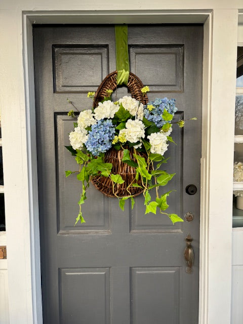Grapevine Hanging Door Basket Blue Hydrangea