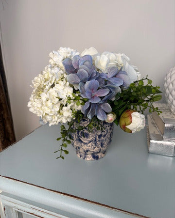 White and Blue Hydrangea in Toile Vase