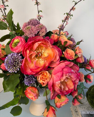 Fuchsia Peony and Coral Spray Rose Pedestal