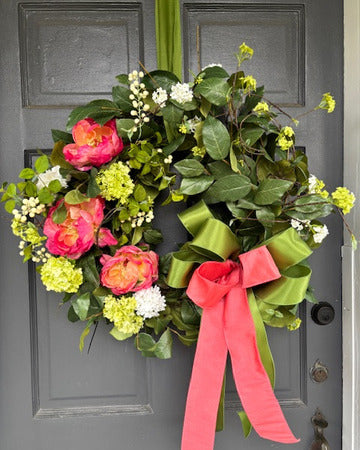 Coral Peony and Snowball Wreath