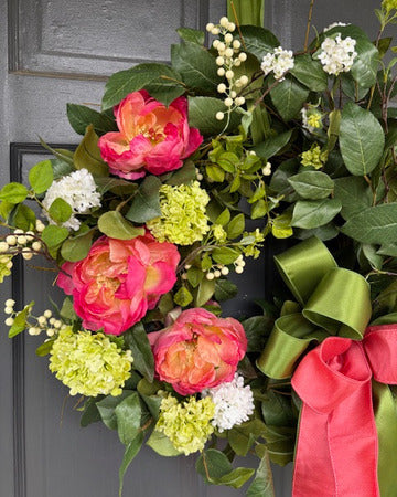 Coral Peony and Snowball Wreath