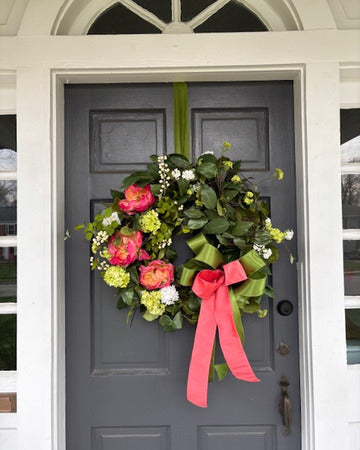 Coral Peony and Snowball Wreath