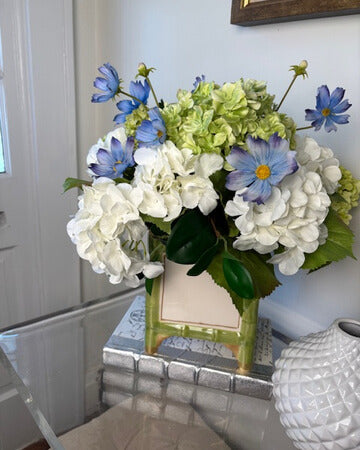 Blue Cosmos and Hydrangea in Green and White Cache Pot