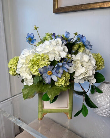 Blue Cosmos and Hydrangea in Green and White Cache Pot
