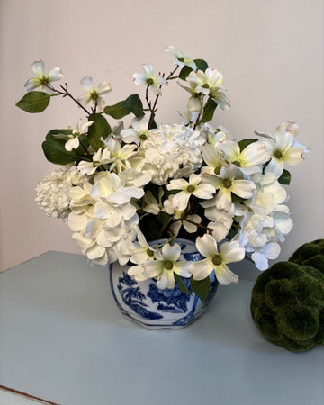 Dogwood and Hydrangea in Blue and White Cache Pot