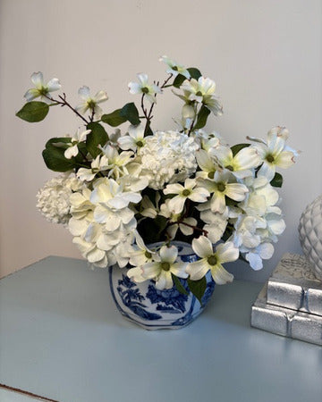 Dogwood and Hydrangea in Blue and White Cache Pot