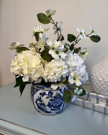 Dogwood and Hydrangea in Blue and White Cache Pot