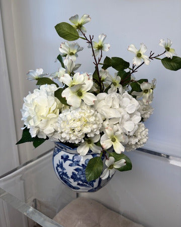 Dogwood and Hydrangea in Blue and White Cache Pot