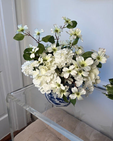 Dogwood and Hydrangea in Blue and White Cache Pot