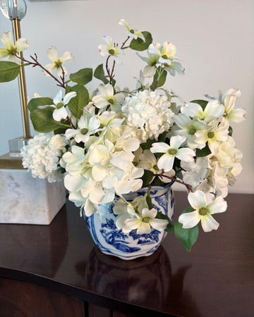 Dogwood and Hydrangea in Blue and White Cache Pot
