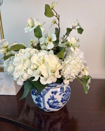 Dogwood and Hydrangea in Blue and White Cache Pot