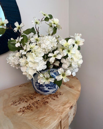 Dogwood and Hydrangea in Blue and White Cache Pot