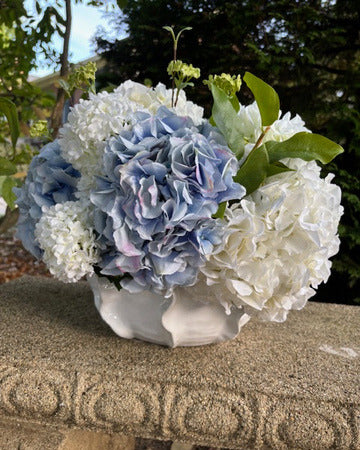 Blue and White Hydrangea in White Pleated Pot