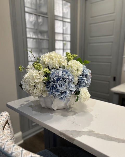 Blue and White Hydrangea in White Pleated Pot