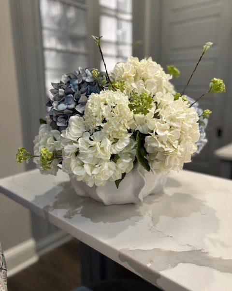 Blue and White Hydrangea in White Pleated Pot