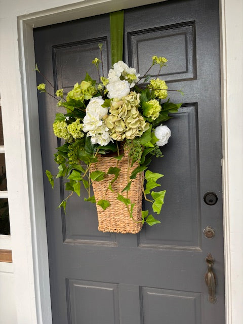 White and Green Hydrangea Door Basket