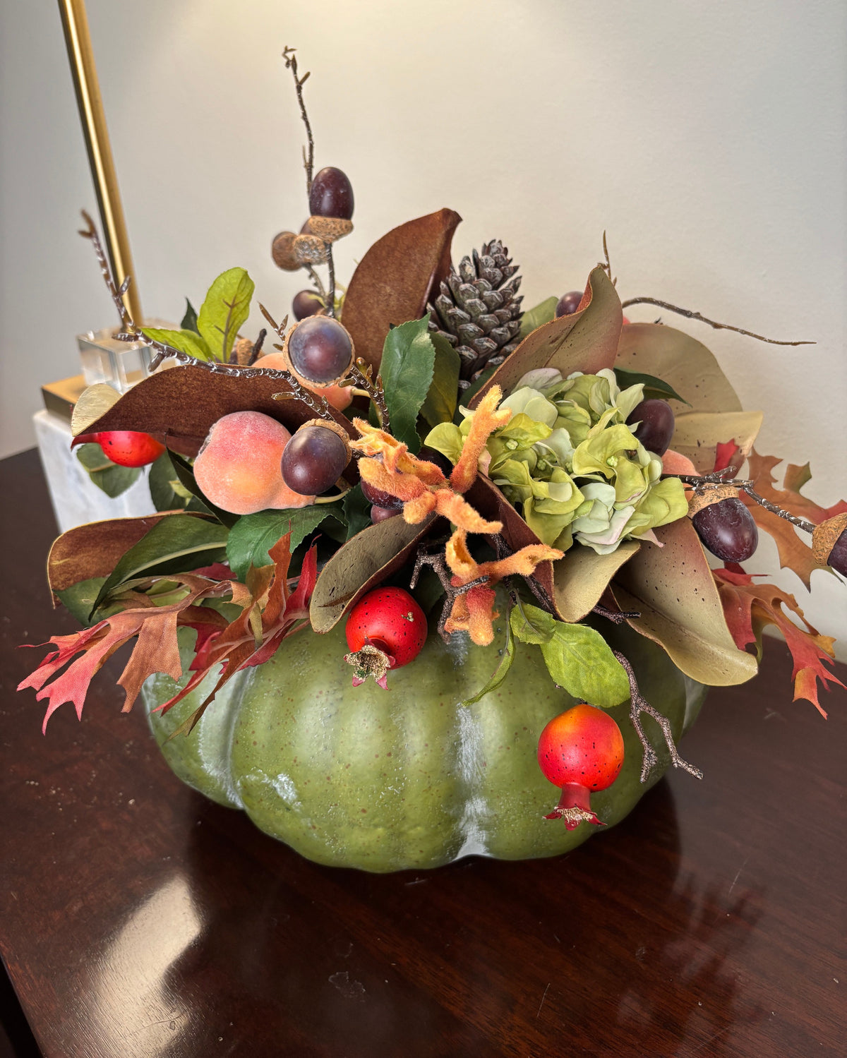Green Pumpkin with Acorns and Fall Foliage