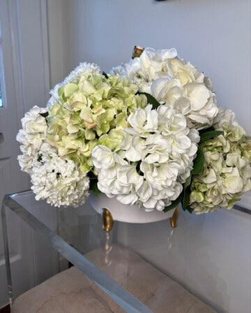 Ivory and Green Hydrangea in White Round Container with Gold Feet