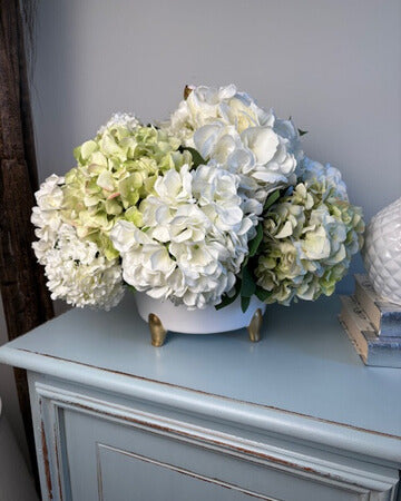 Ivory and Green Hydrangea in White Round Container with Gold Feet