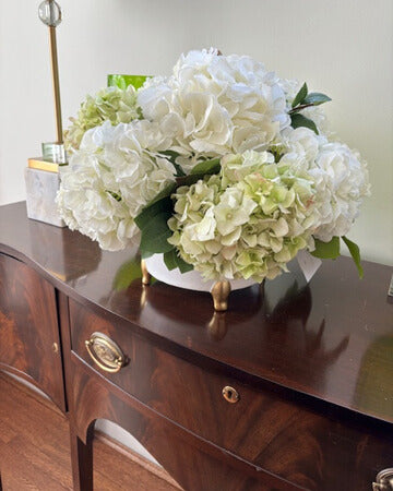 Ivory and Green Hydrangea in White Round Container with Gold Feet
