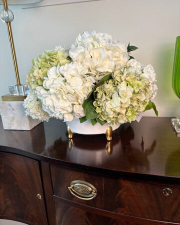 Ivory and Green Hydrangea in White Round Container with Gold Feet