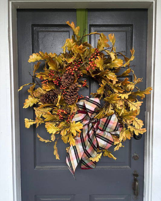 XL Leaf Wreath, Pinecones and Plaid Ribbon