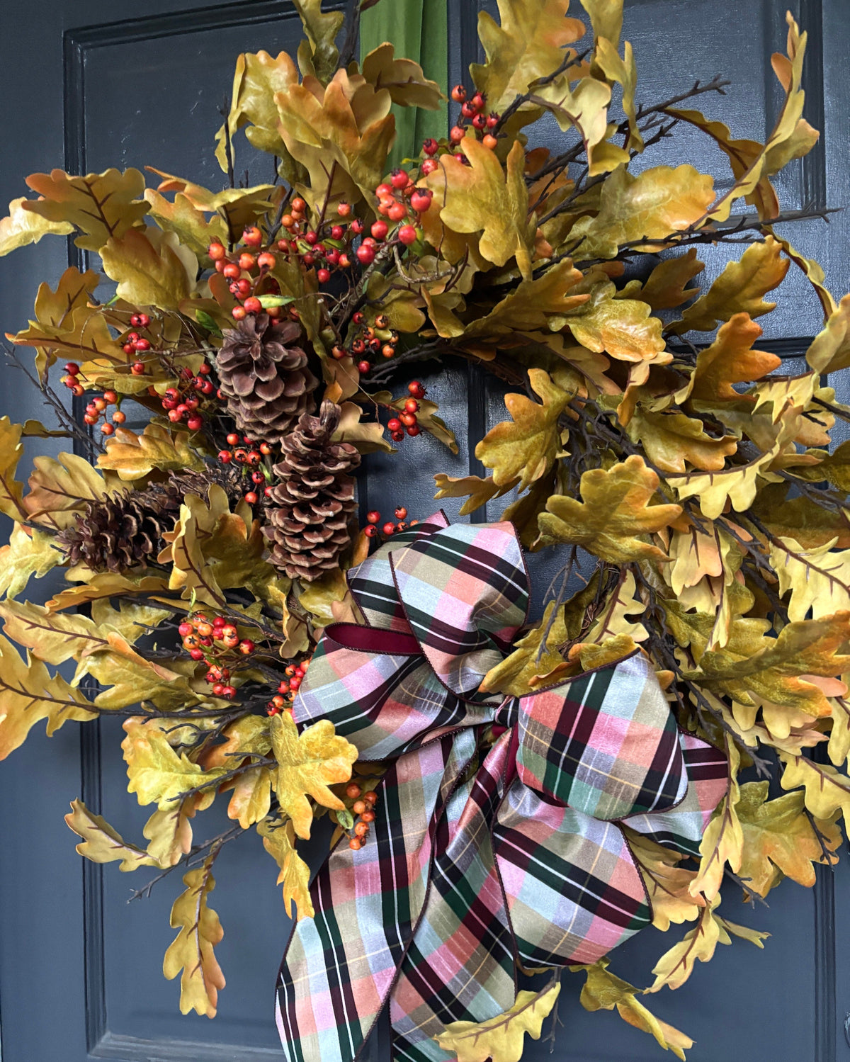 XL Leaf Wreath, Pinecones and Plaid Ribbon
