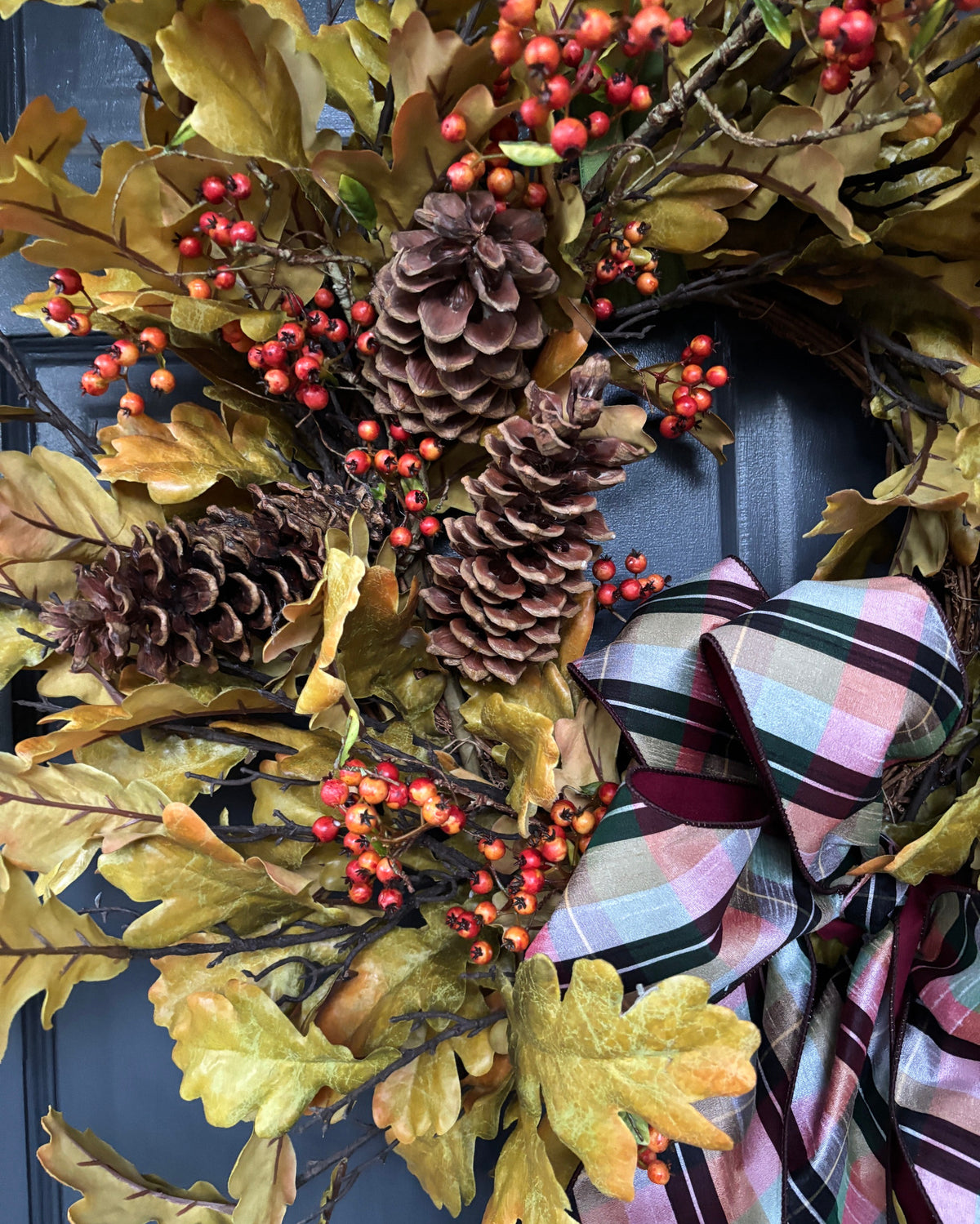 XL Leaf Wreath, Pinecones and Plaid Ribbon