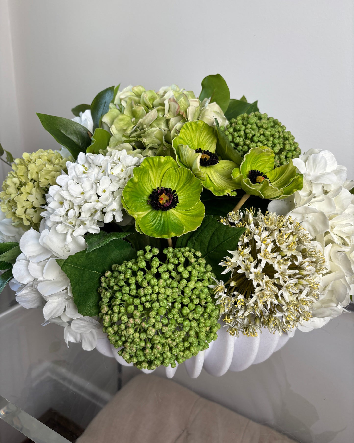 Hydrangea, Allium, Sedum, & Poppies in Matte White Fluted Vessel