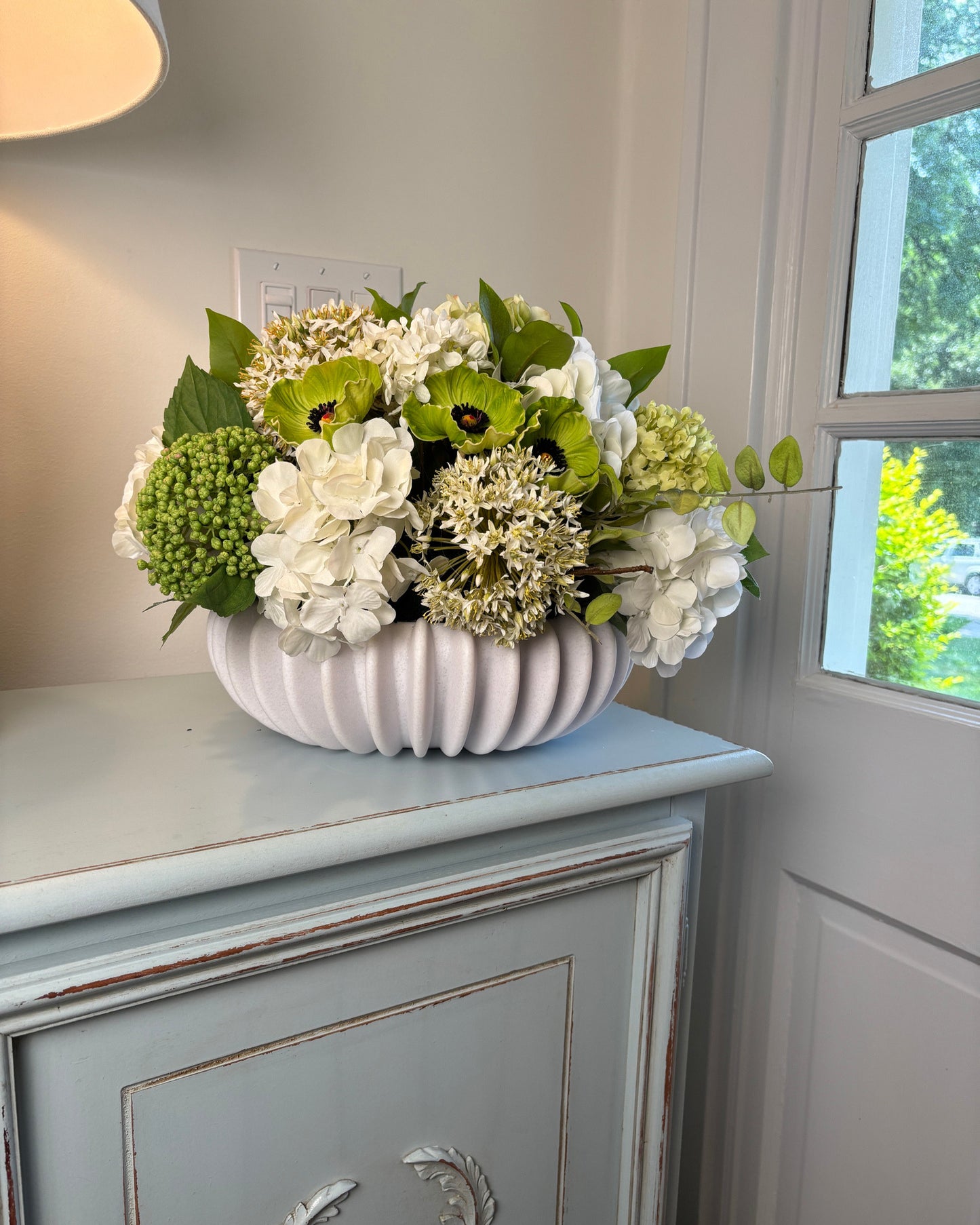 Hydrangea, Allium, Sedum, & Poppies in Matte White Fluted Vessel