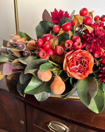 Rose, Dalhia, Fruit and Blooms in Wood Rect