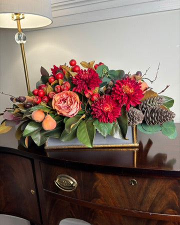 Rose, Dalhia, Fruit and Blooms in Wood Rect