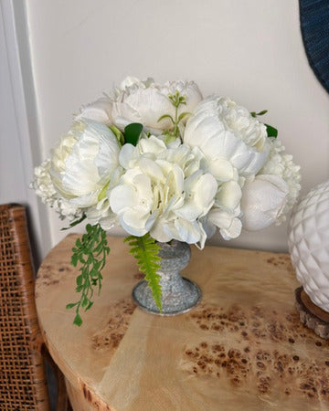 White Hydrangea, Snowball, Peonies, &  Delicate Fern in Metal Compote