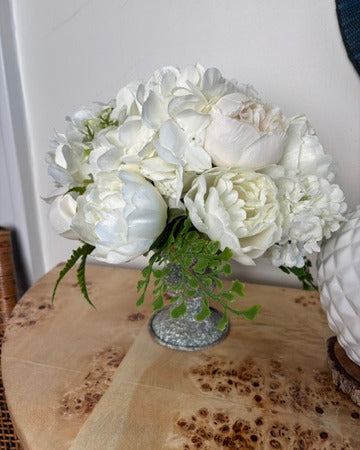 White Hydrangea, Snowball, Peonies, &  Delicate Fern in Metal Compote