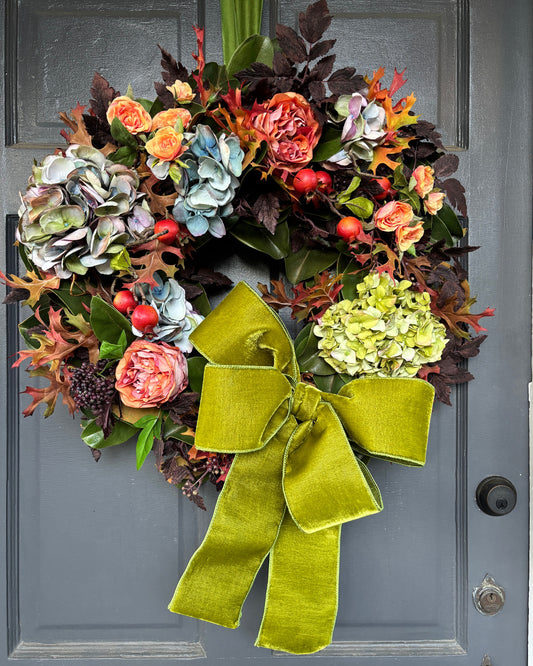 Fall Wreath w/ Hydrangea, Roses, Fall Leaves & Magnolia