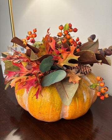 Pumpkin Embellished with Blooms and Pinecones