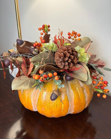 Pumpkin Embellished with Blooms and Pinecones