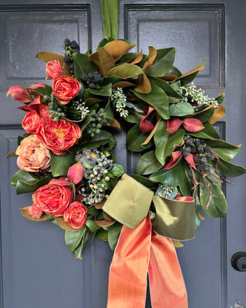 Orange Rose and Berry Magnolia Wreath