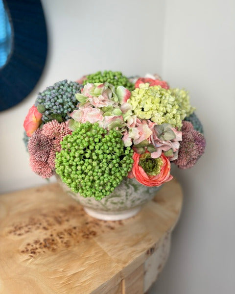 Sedum, Hydrangea, and Ranunculus Mounded in Green & White Bowl