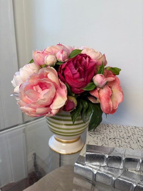 Pink and Coral Peony in Green Stripe