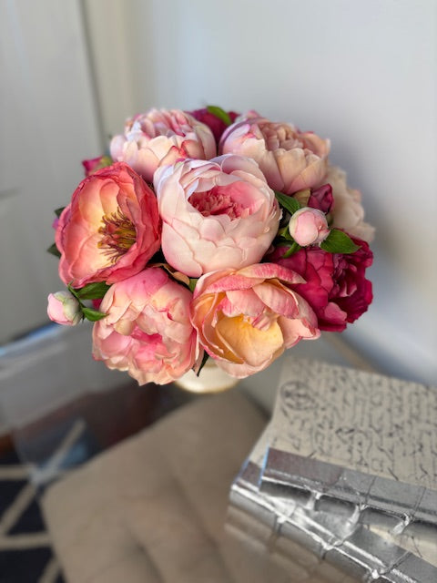 Pink and Coral Peony in Green Stripe
