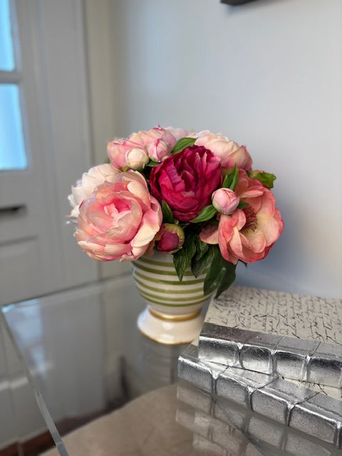 Pink and Coral Peony in Green Stripe