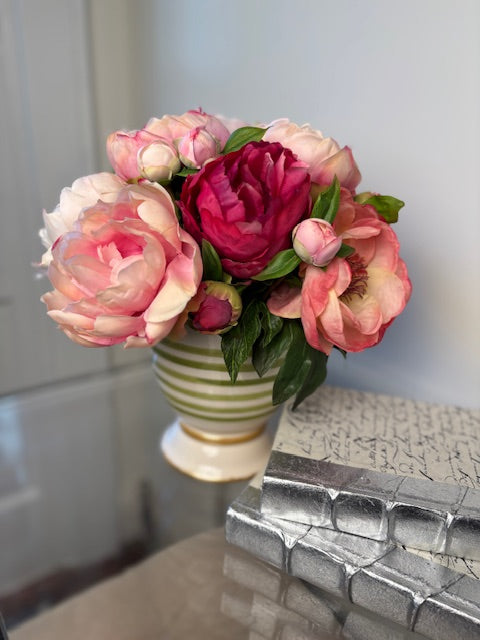 Pink and Coral Peony in Green Stripe