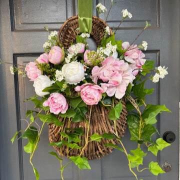 Grapevine Hanging Door Basket Pink Hydrangea