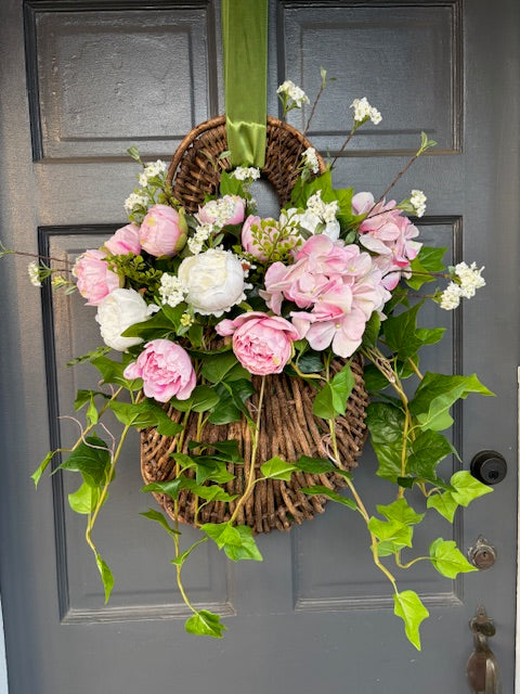 Grapevine Hanging Door Basket Pink Hydrangea