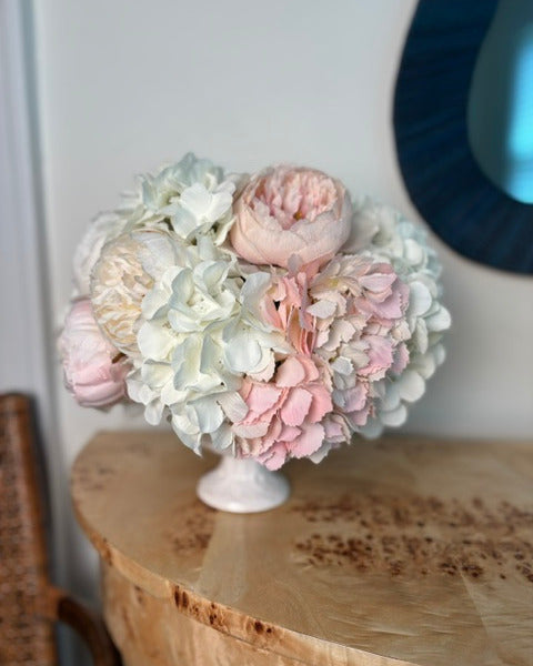 Pink & Ivory Hydrangea, Pink Peonies in Ivory Footed Compote
