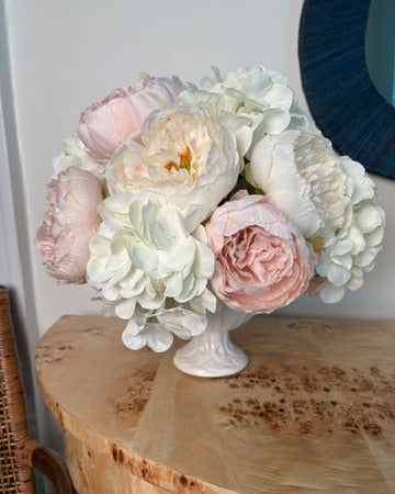 Pink & Ivory Hydrangea, Pink Peonies in Ivory Footed Compote