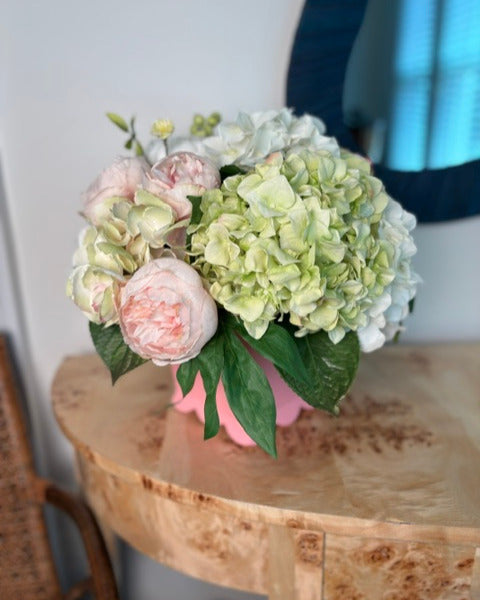 Pink and White Hydrangea in Pink Scalloped Cache Pot