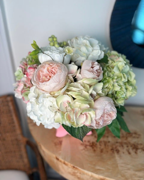 Pink and White Hydrangea in Pink Scalloped Cache Pot